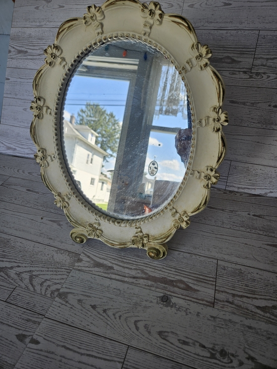 syroco Other - Vintage 1940s Syroco Wood Tabletop Vanity Mirror - Cream Shabby Chic Bow Oval